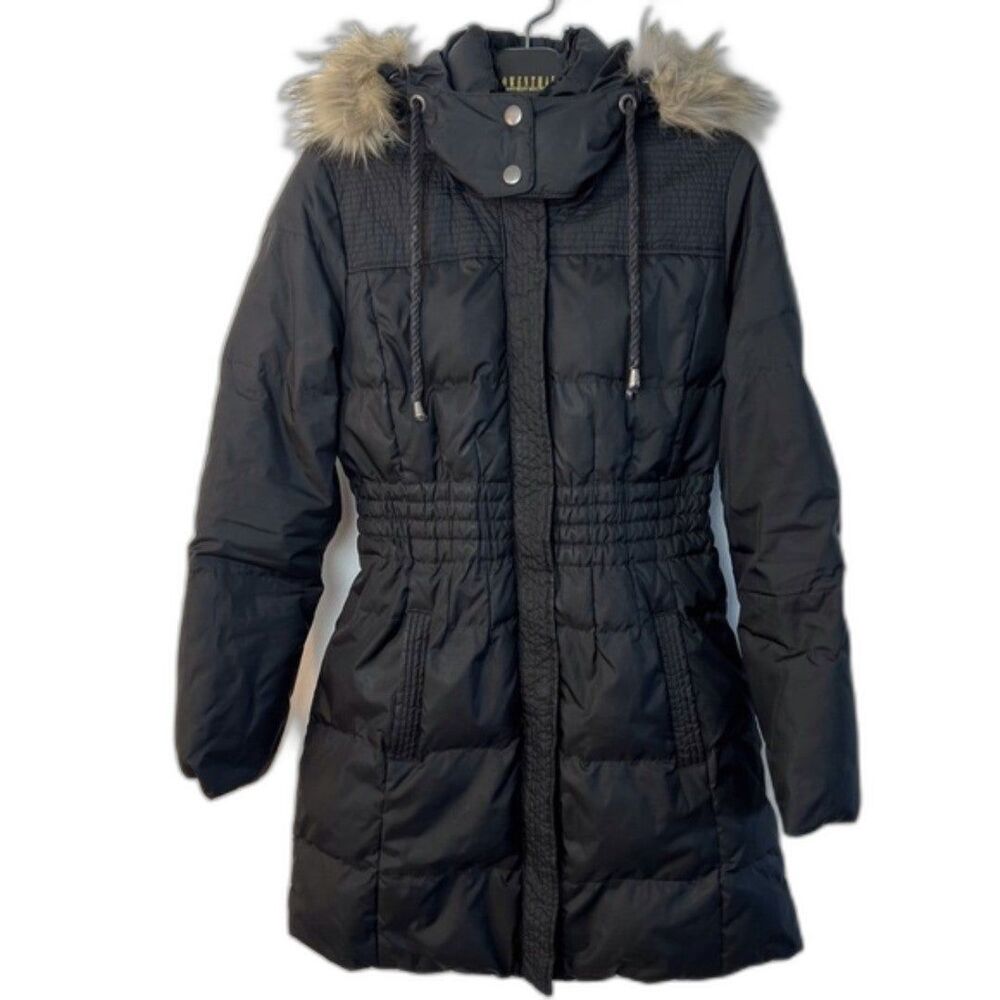 Juicy Couture Black Puffer Coat w/ Fur Trim Hood • Down Fill • Size L